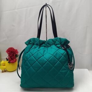 Michael Kors Teal Blue Nylon Quilted Drawstring Tote Shoulder Bag